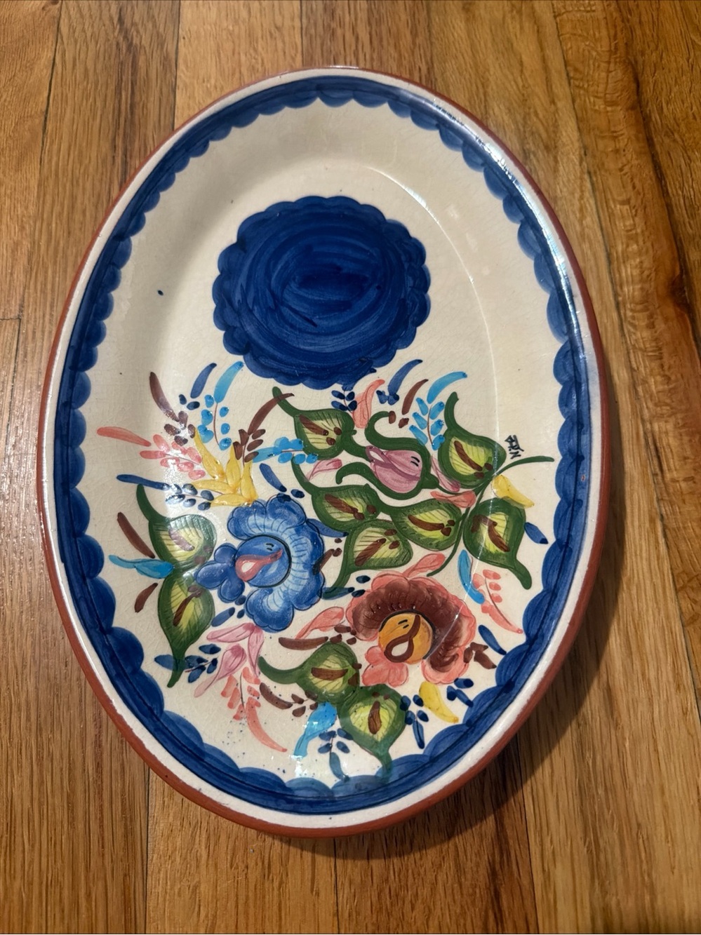Vintage São Pedro do Corval Hand Painted Floral Terracotta Plate Signed 10.5”